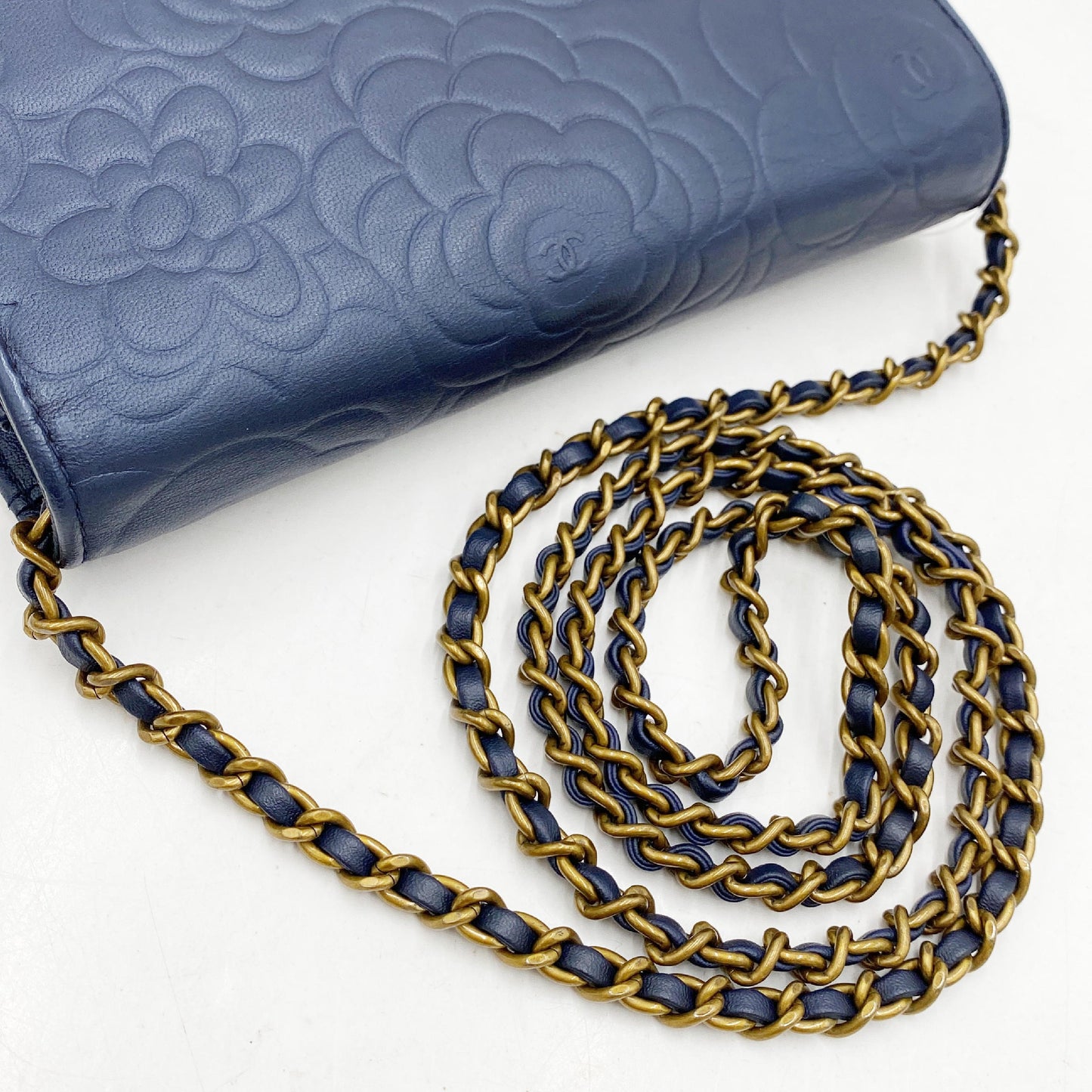 Chanel navy camellia wallet on chain aged GHW