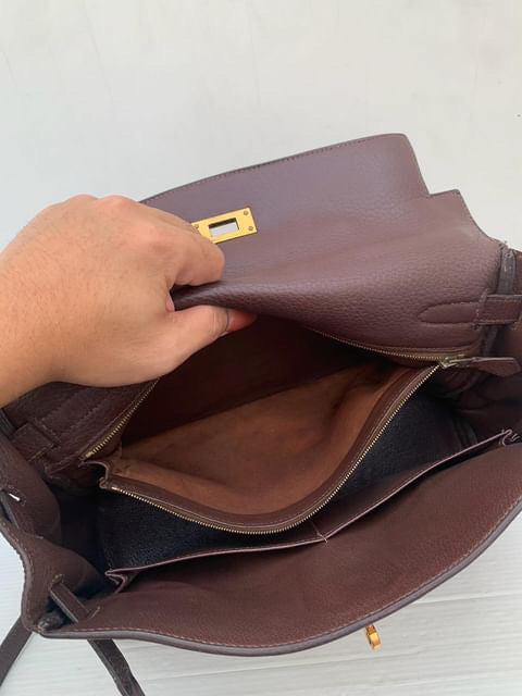 Hermes Kelly 32 chocolate fjord leather GHW stamp G square