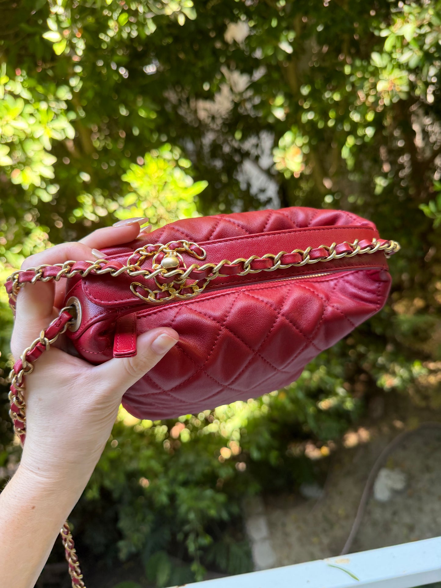Chanel red lambskin CC turnlock top handle small hobo on chain