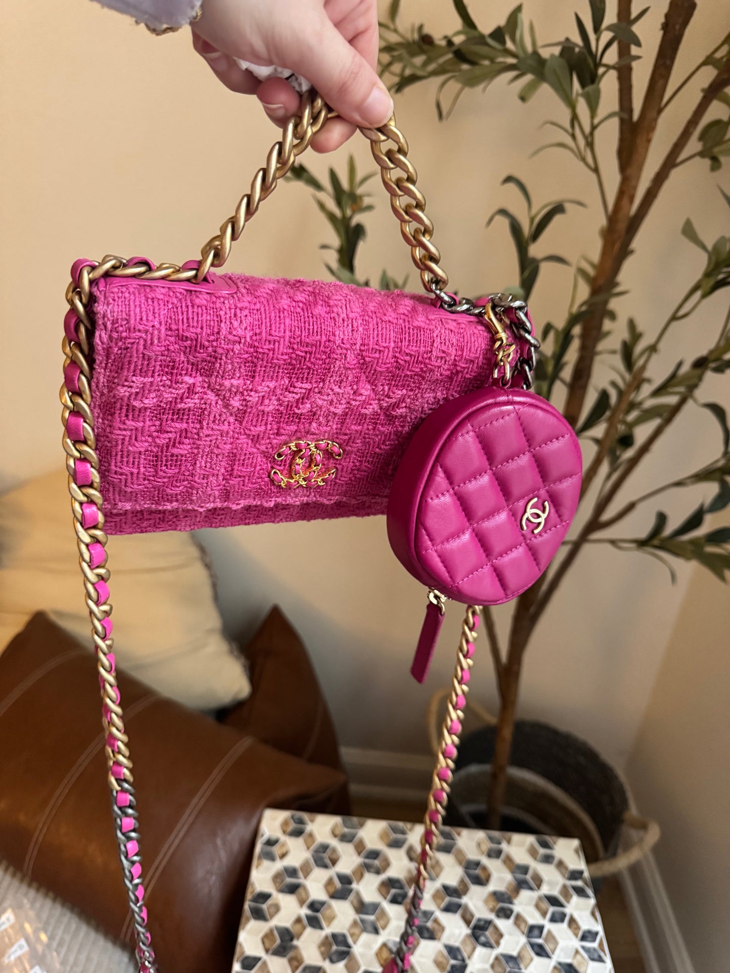 Chanel C19 Pink Tweed Wallet on Chain + Coin Purse