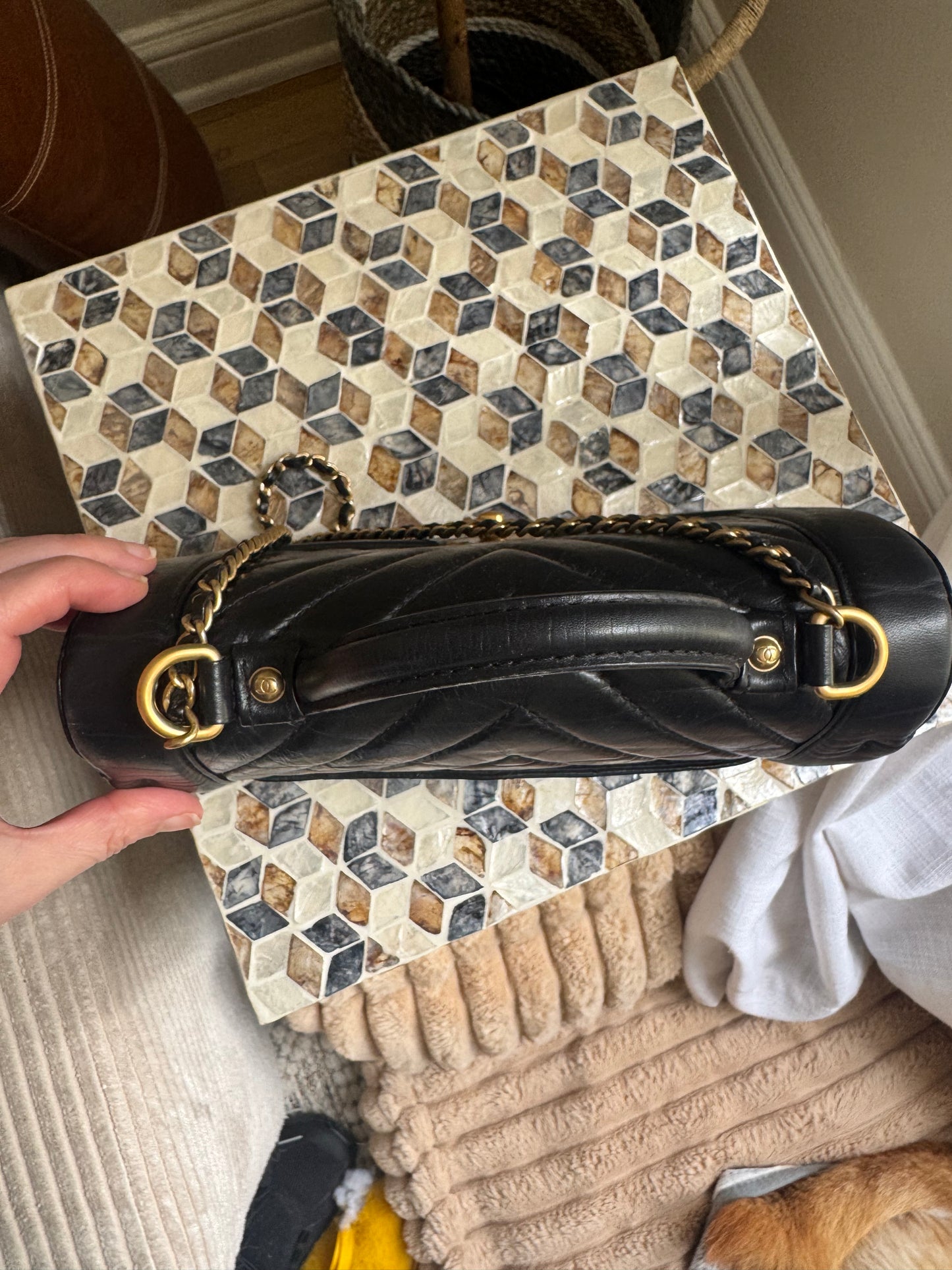 Chanel Black Chevron Quilted Crinkled Calfskin Top Handle/ Crossbody bag