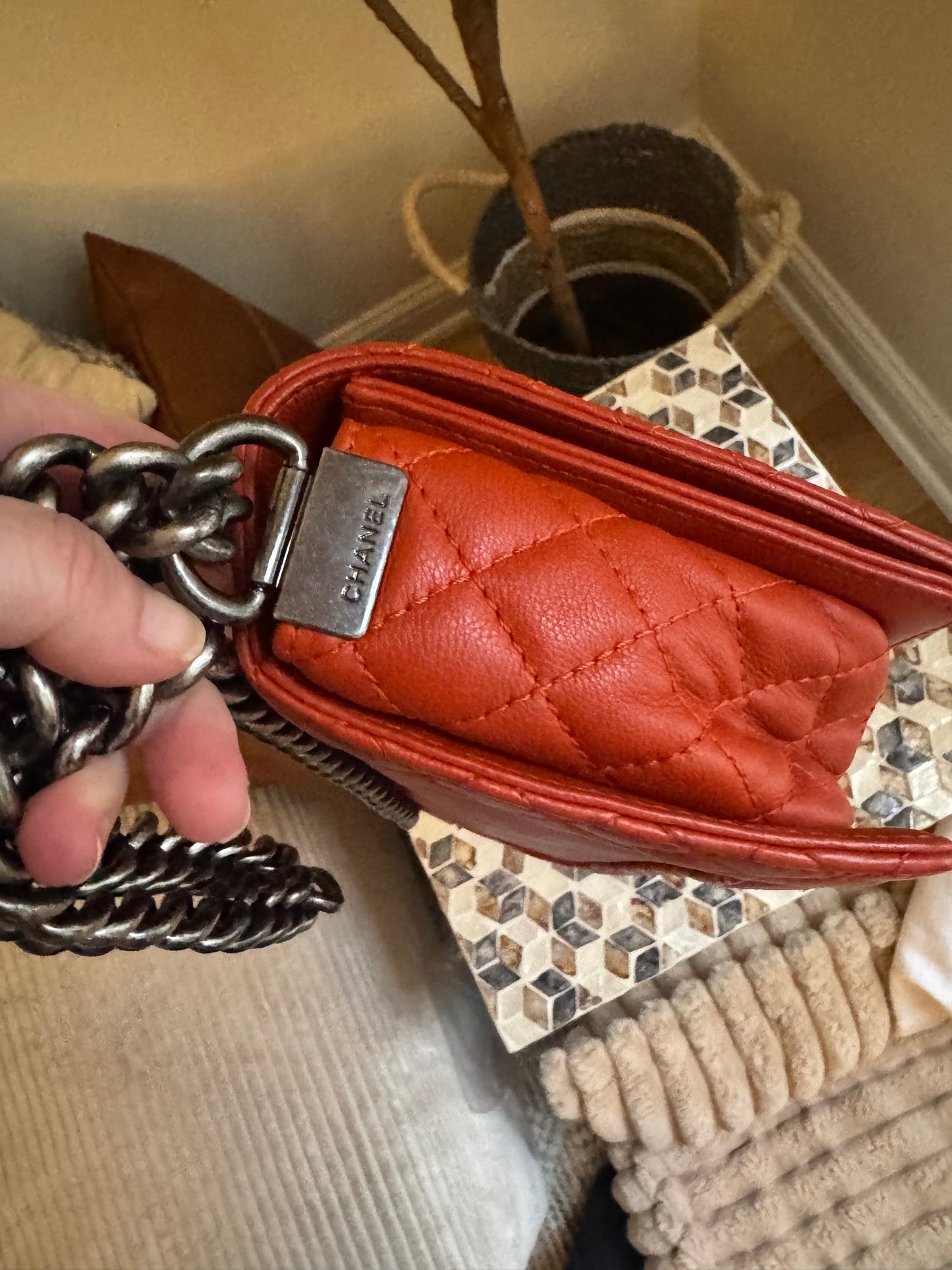 Chanel Orange Quilted Boarder Medium Calfskin Boy Bag