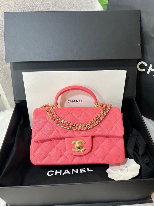 Chanel pink caviar mini rectangle top handle aged gold hardware