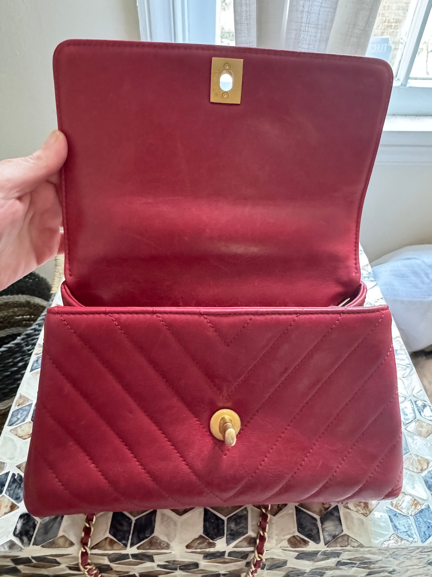 Chanel Chevron Crinkle Red Calfskin Small Coco Handle