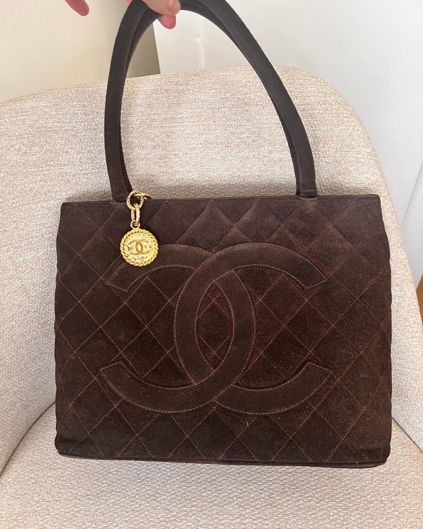 Chanel chocolate suede vintage medallion tote