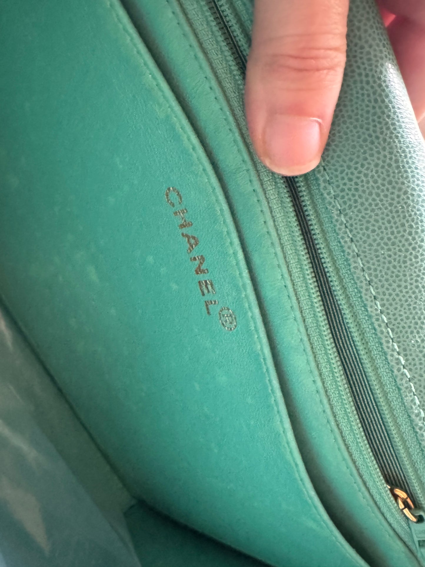 Chanel Turquoise Caviar Vintage Flat Stitch Jumbo Single Flap