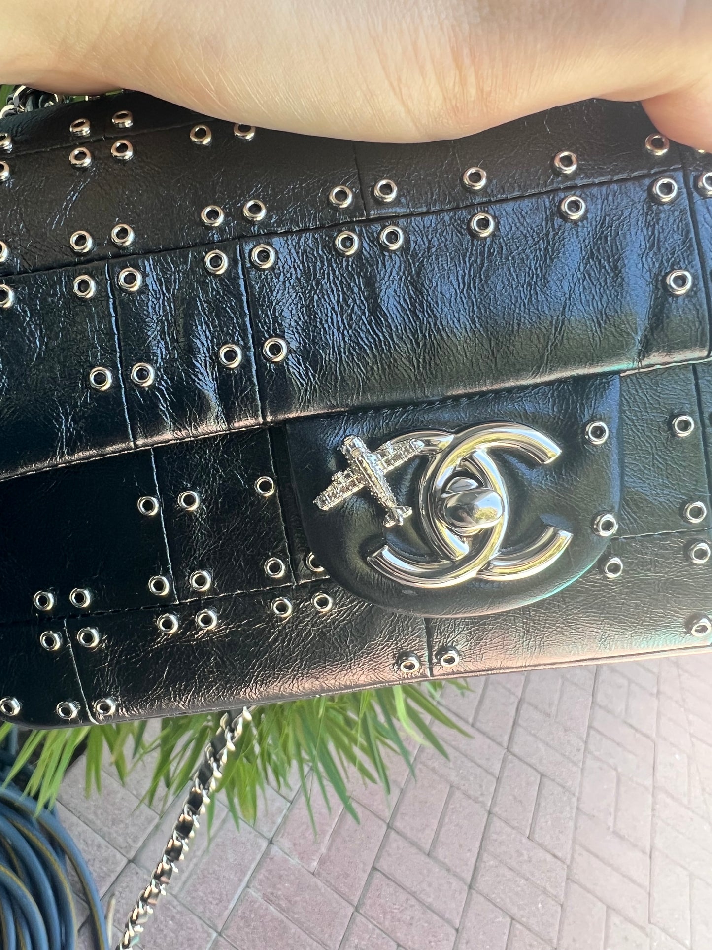Chanel limited edition mini rectangle iridescent black calfskin flap airline collection