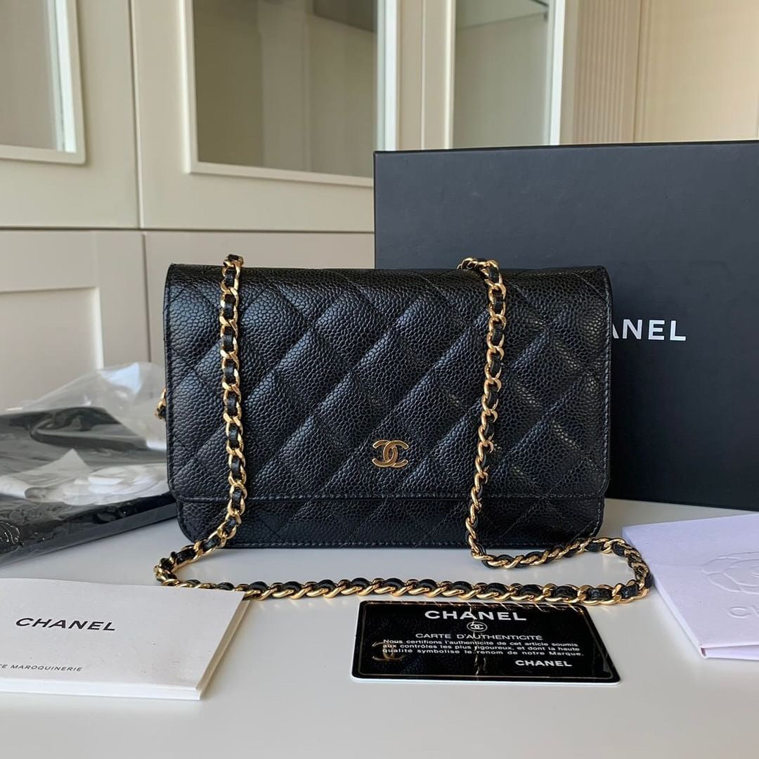 Chanel black caviar wallet on chain