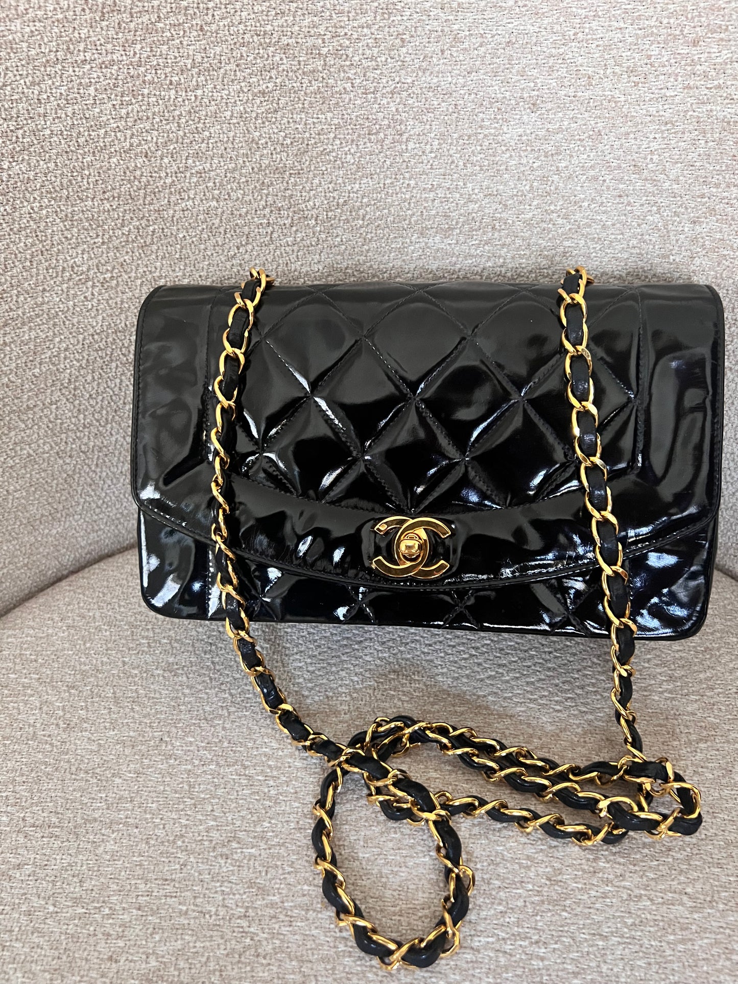 Chanel Small vintage black patent Diana 24k GHW