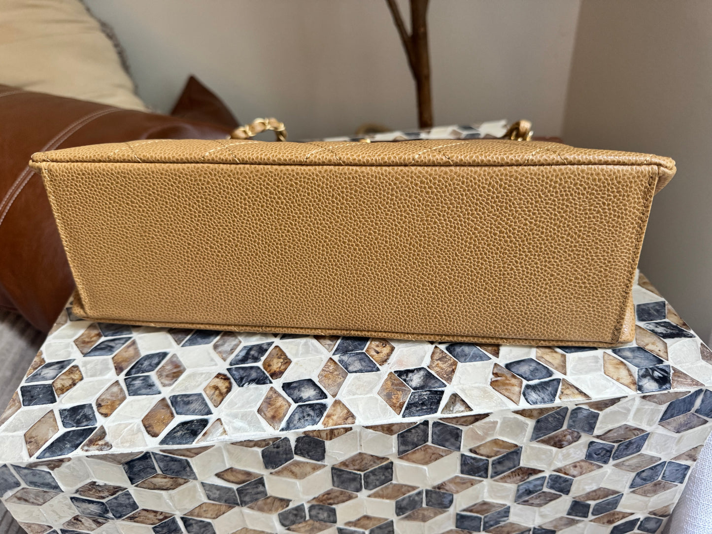 Chanel Vintage Beige Caviar Wooden CC Shoulder Tote
