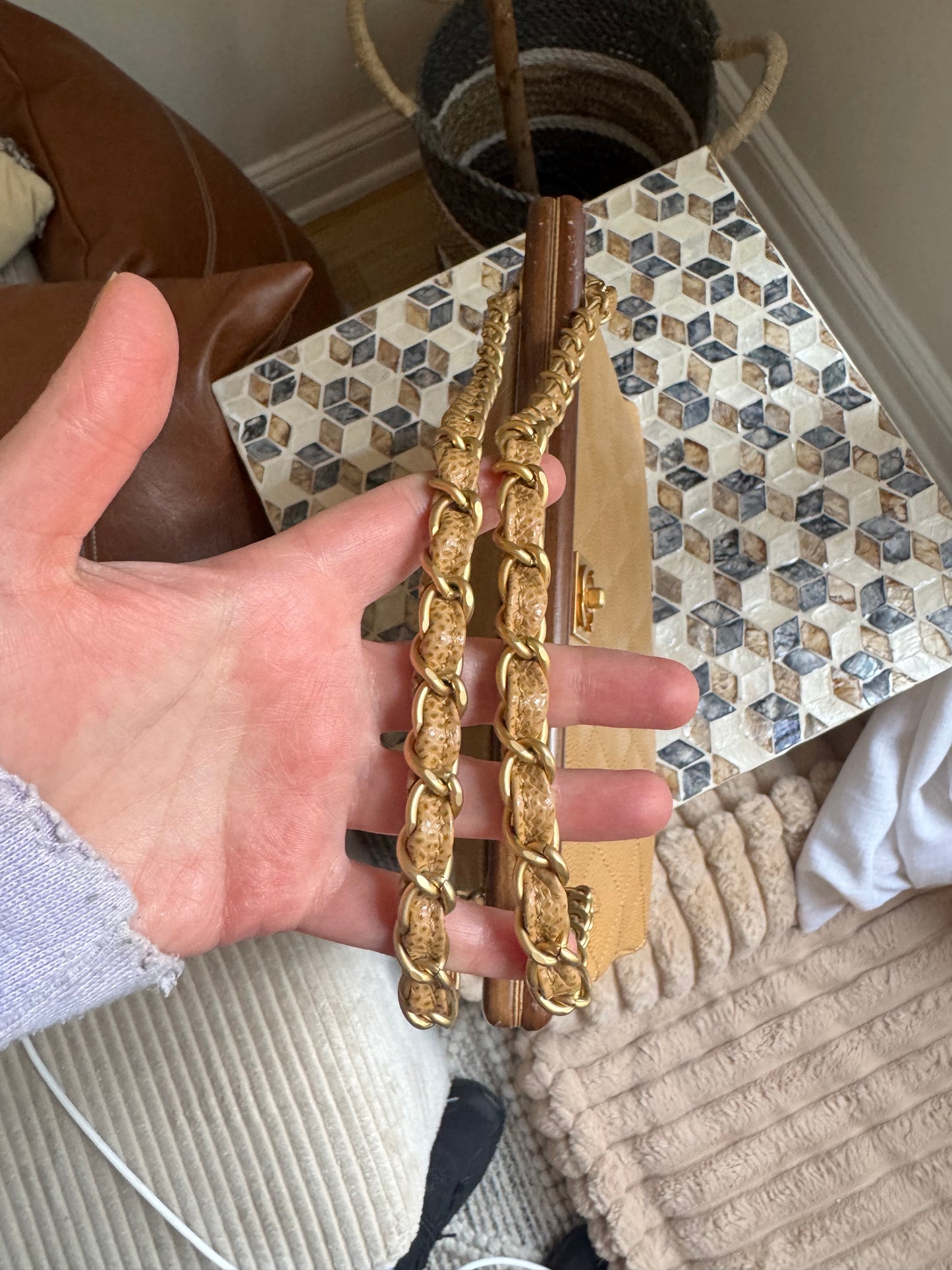Chanel Vintage Beige Caviar Wooden CC Shoulder Tote