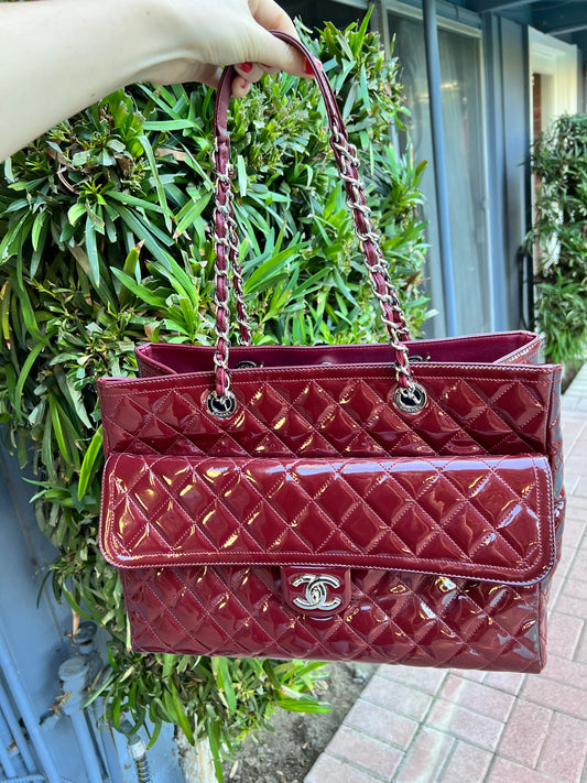 Chanel burgundy patent XL shopper tote