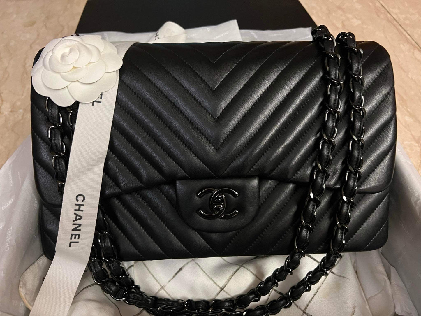 Chanel So Black chevron jumbo double flap
