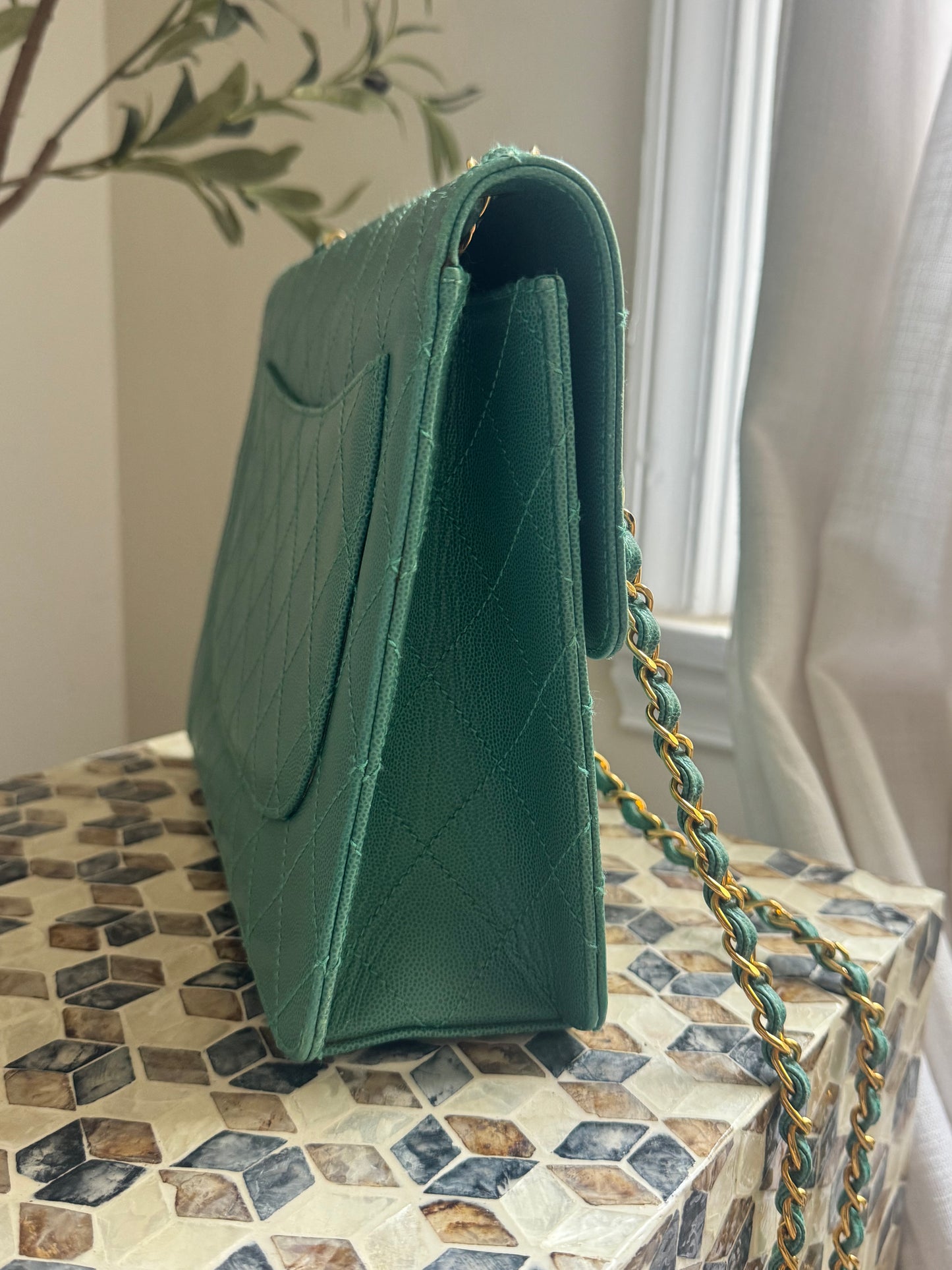 Chanel Turquoise Caviar Vintage Flat Stitch Jumbo Single Flap