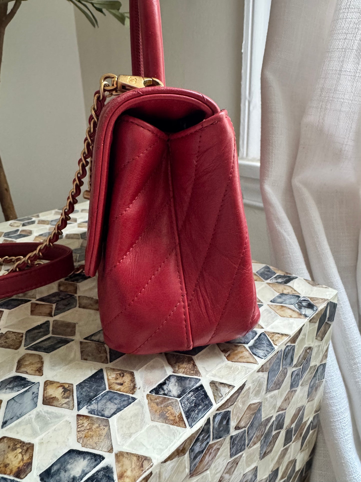 Chanel Chevron Crinkle Red Calfskin Small Coco Handle