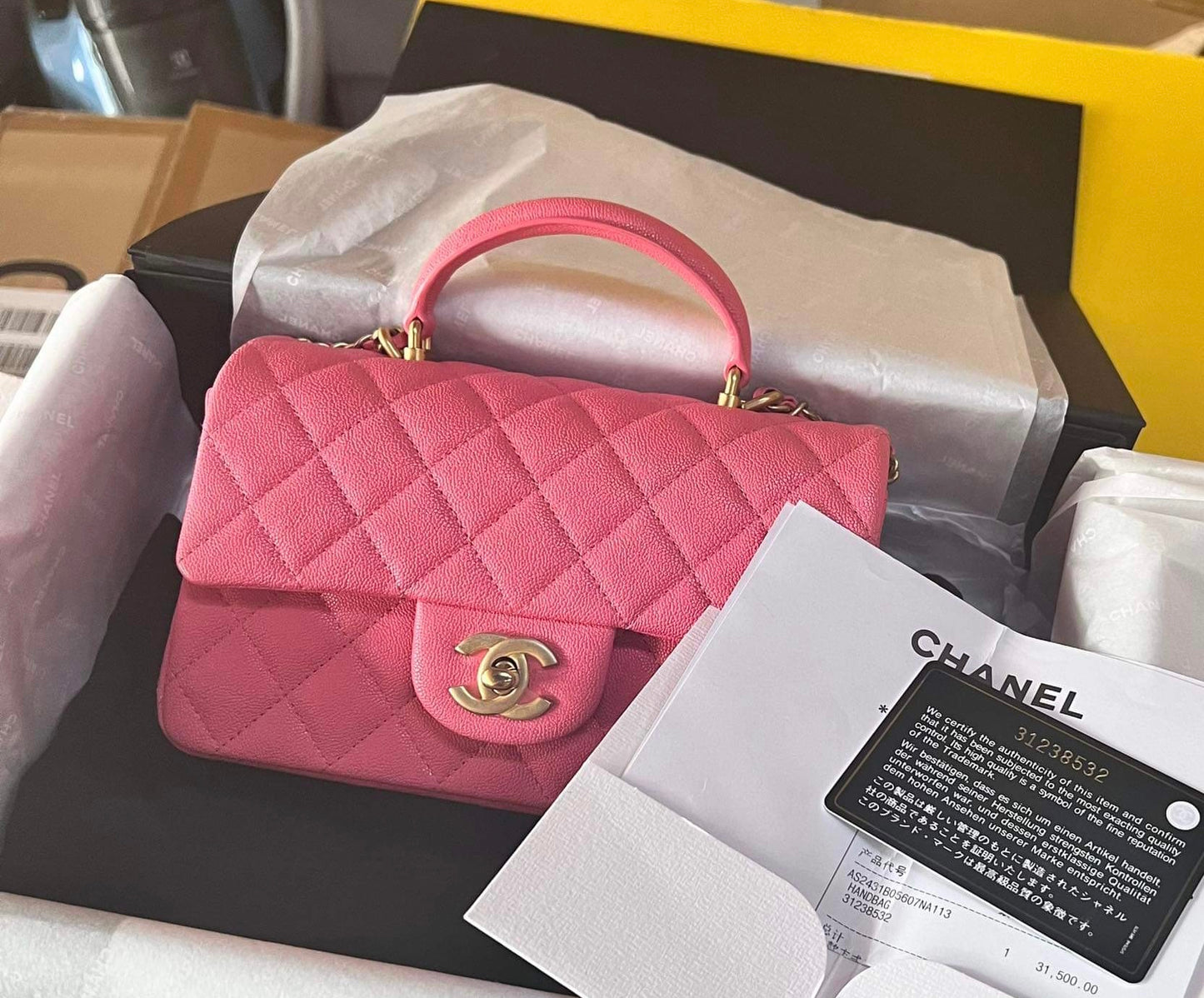 Chanel Mini rectangle top handle 21S in pink caviar brushed ghw