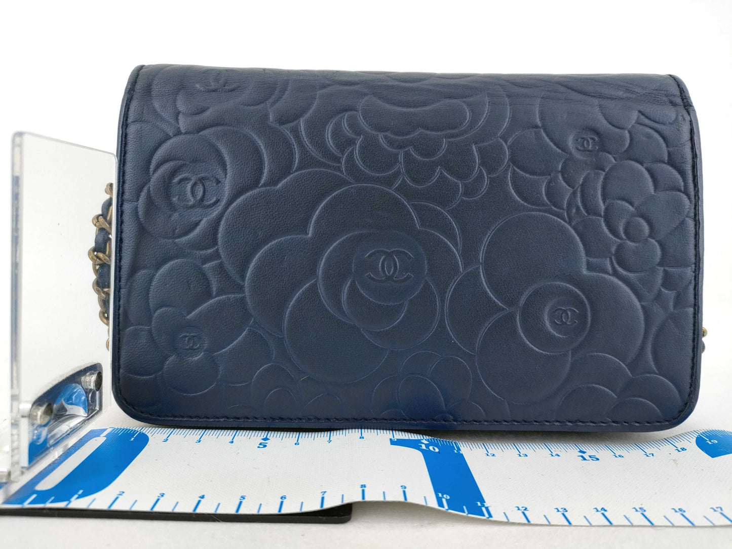 Chanel navy camellia wallet on chain aged GHW