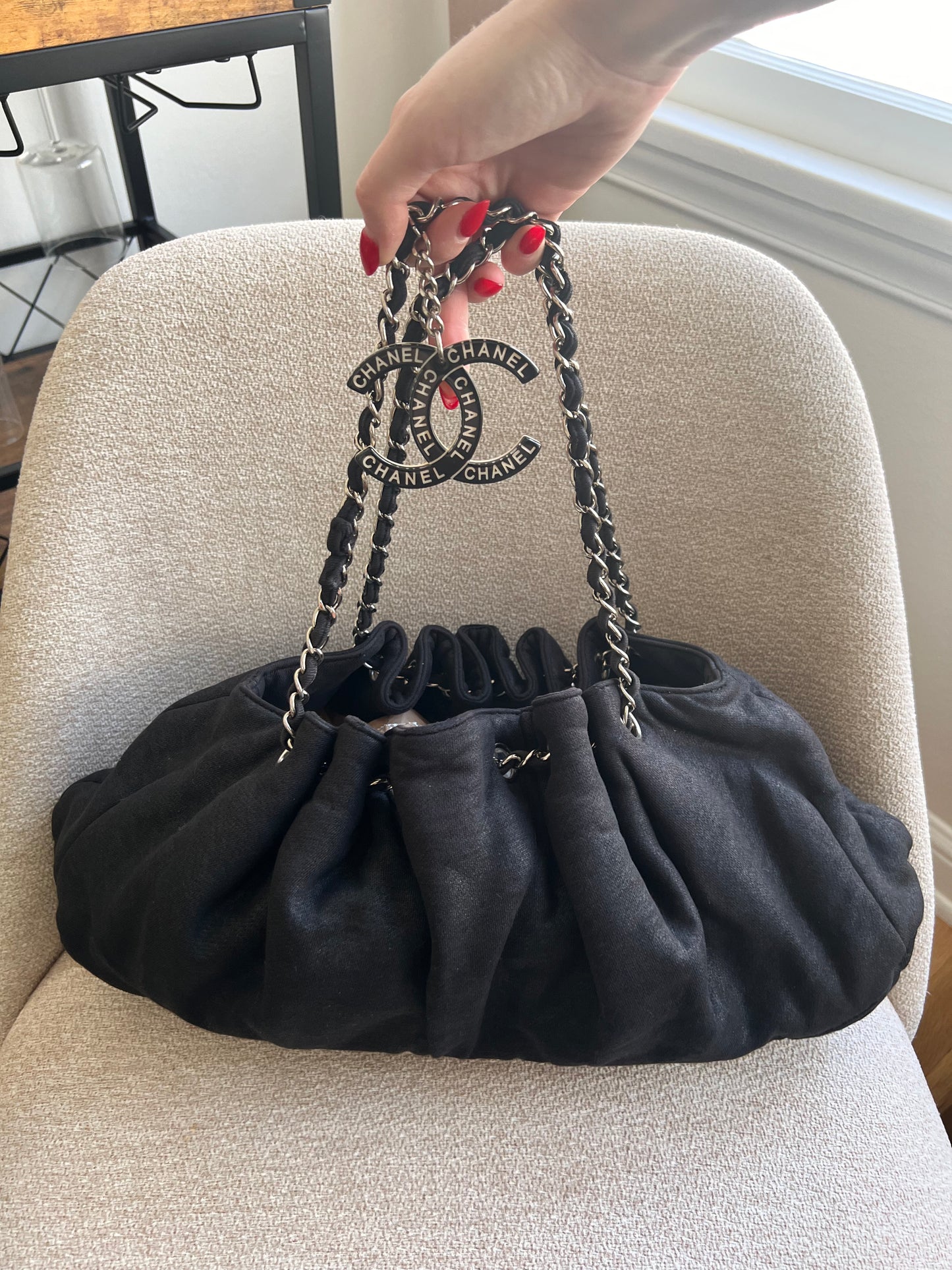 Chanel double chain shoulder CC charm tote