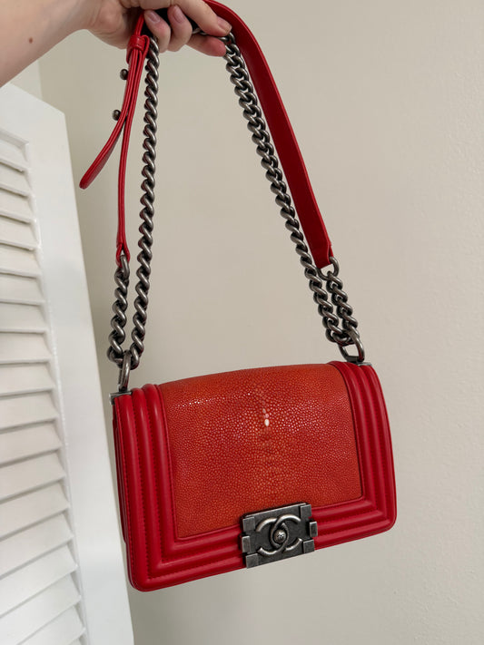 Chanel red stingray small boy bag RHW