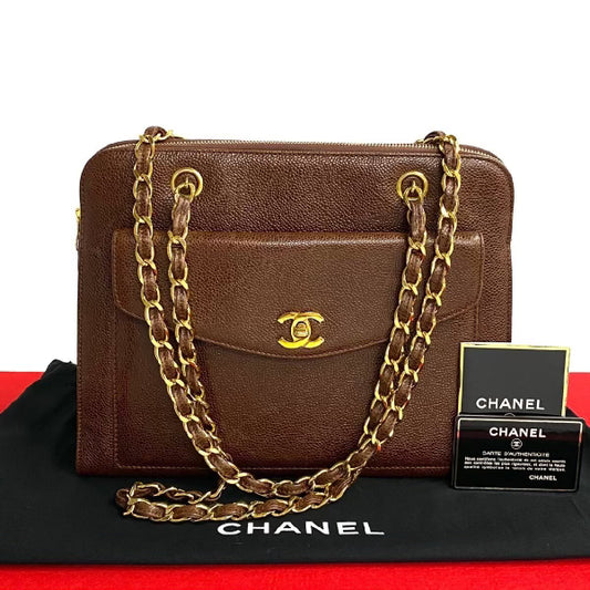 Chanel Chocolate Caviar Double Shoulder Chain Tote