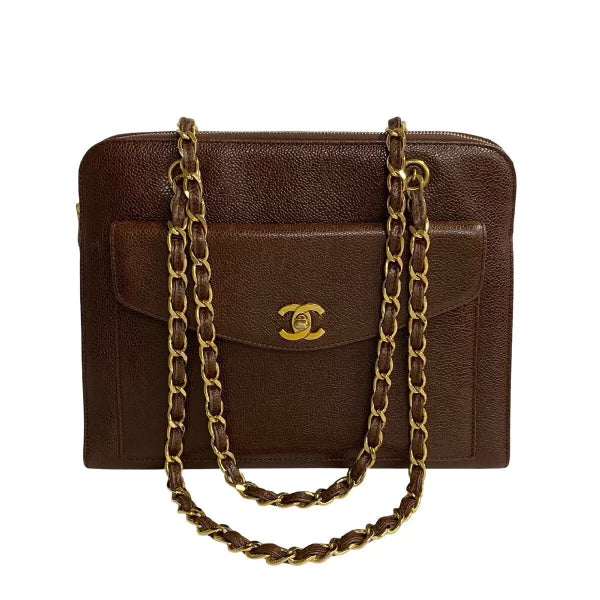 Chanel Chocolate Caviar Double Shoulder Chain Tote