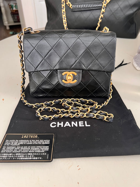 Chanel vintage mini square black lambskin 24k ghw