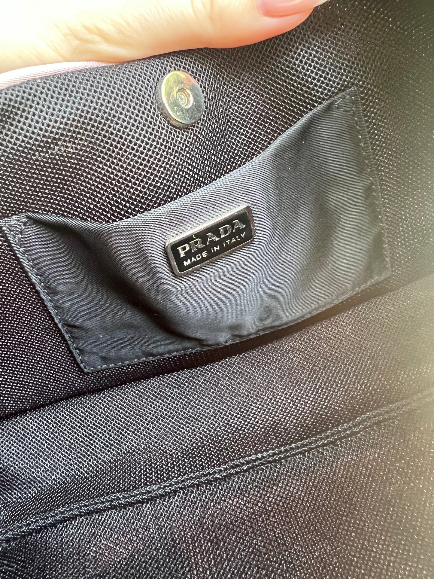 Prada Tessuto nylon shoulder pochette with patent leather long sleeve