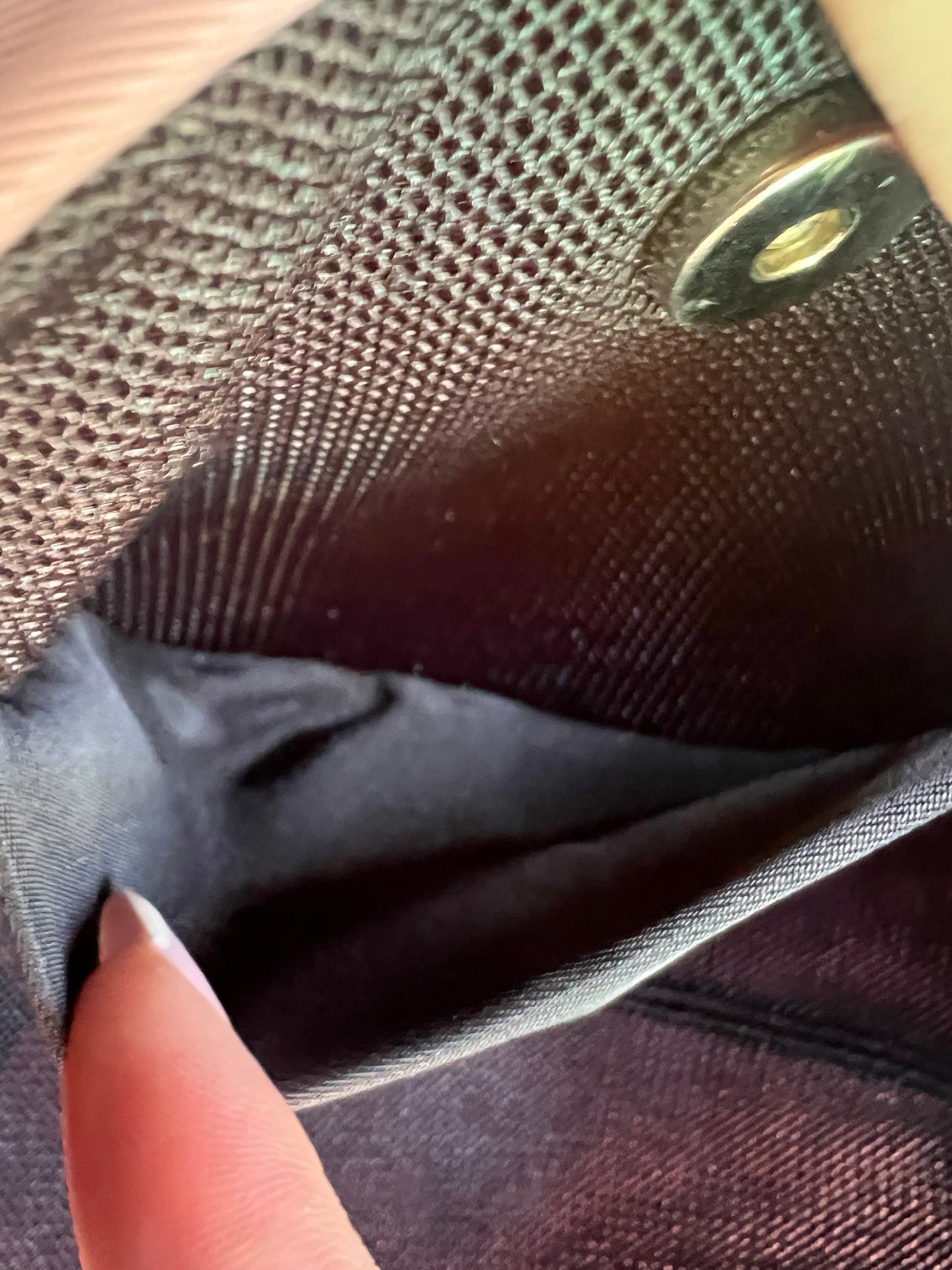 Prada Tessuto nylon shoulder pochette with patent leather long sleeve