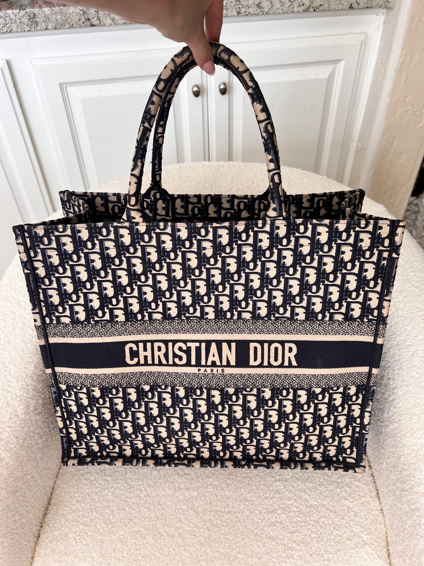 Dior large book tote navy oblique embroidered