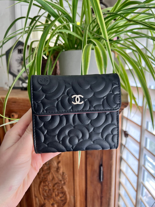 Chanel Camellia black leather compact trifold wallet
