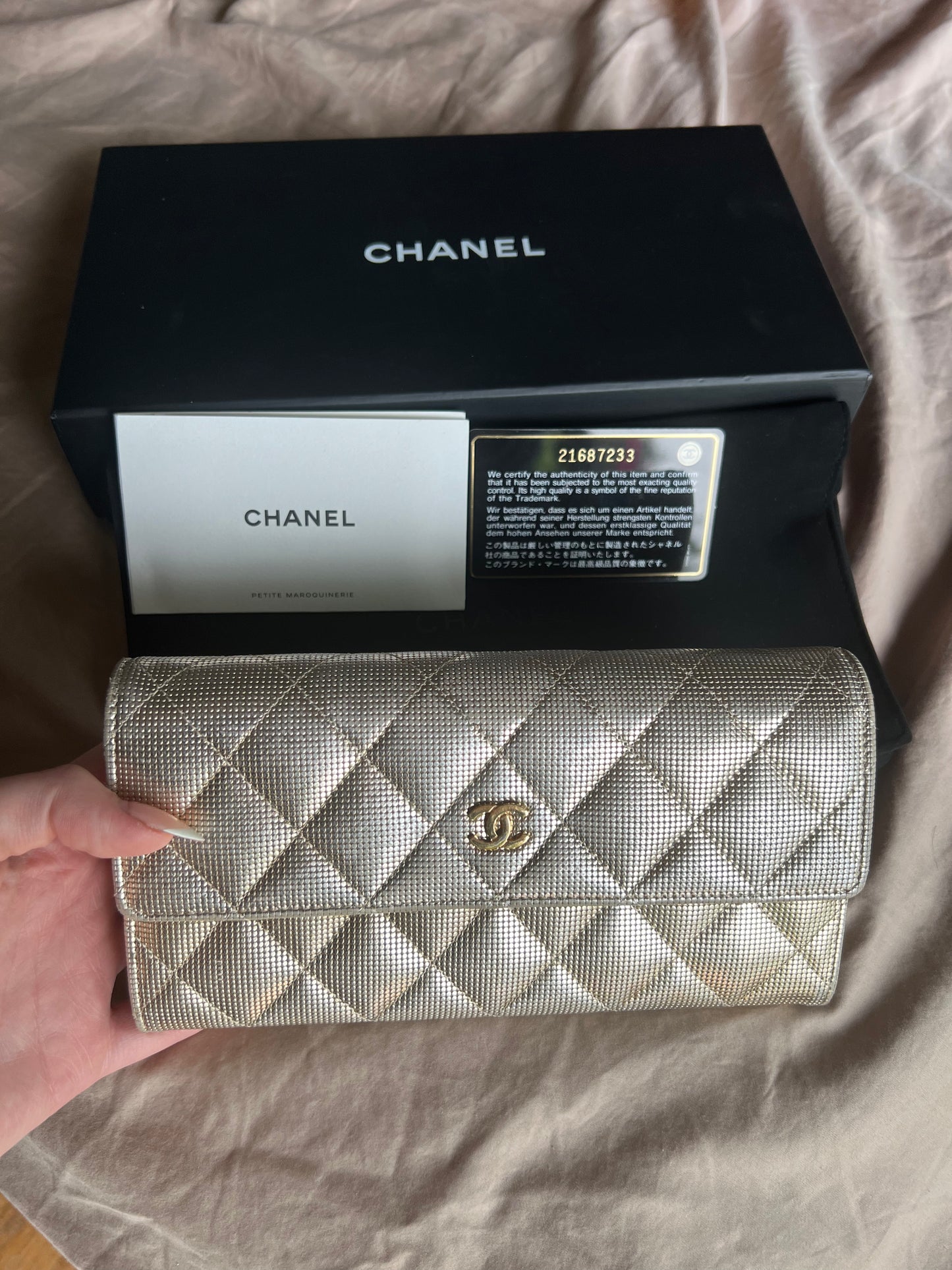 Chanel gold shimmer caviar pebble long wallet