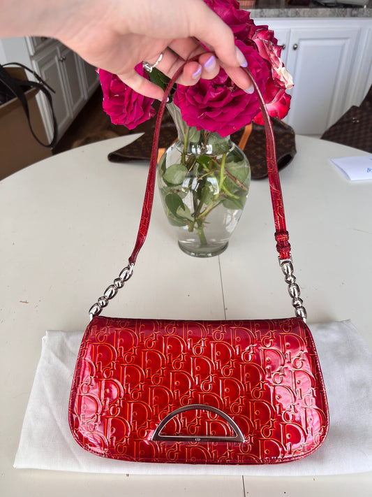 RARE! Christian Dior Red patent monogram Trotter maris pearl shoulder bag