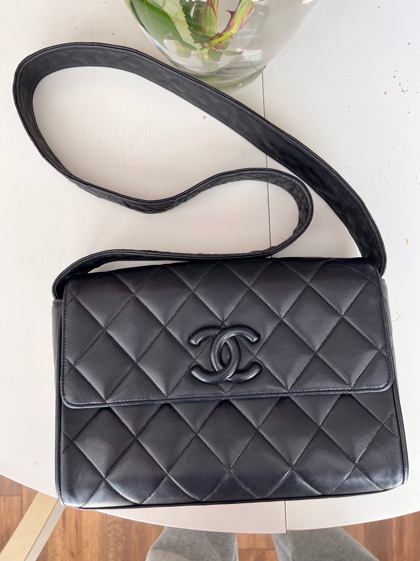 Chanel vintage CC lambskin covered messenger crossbody flap bag