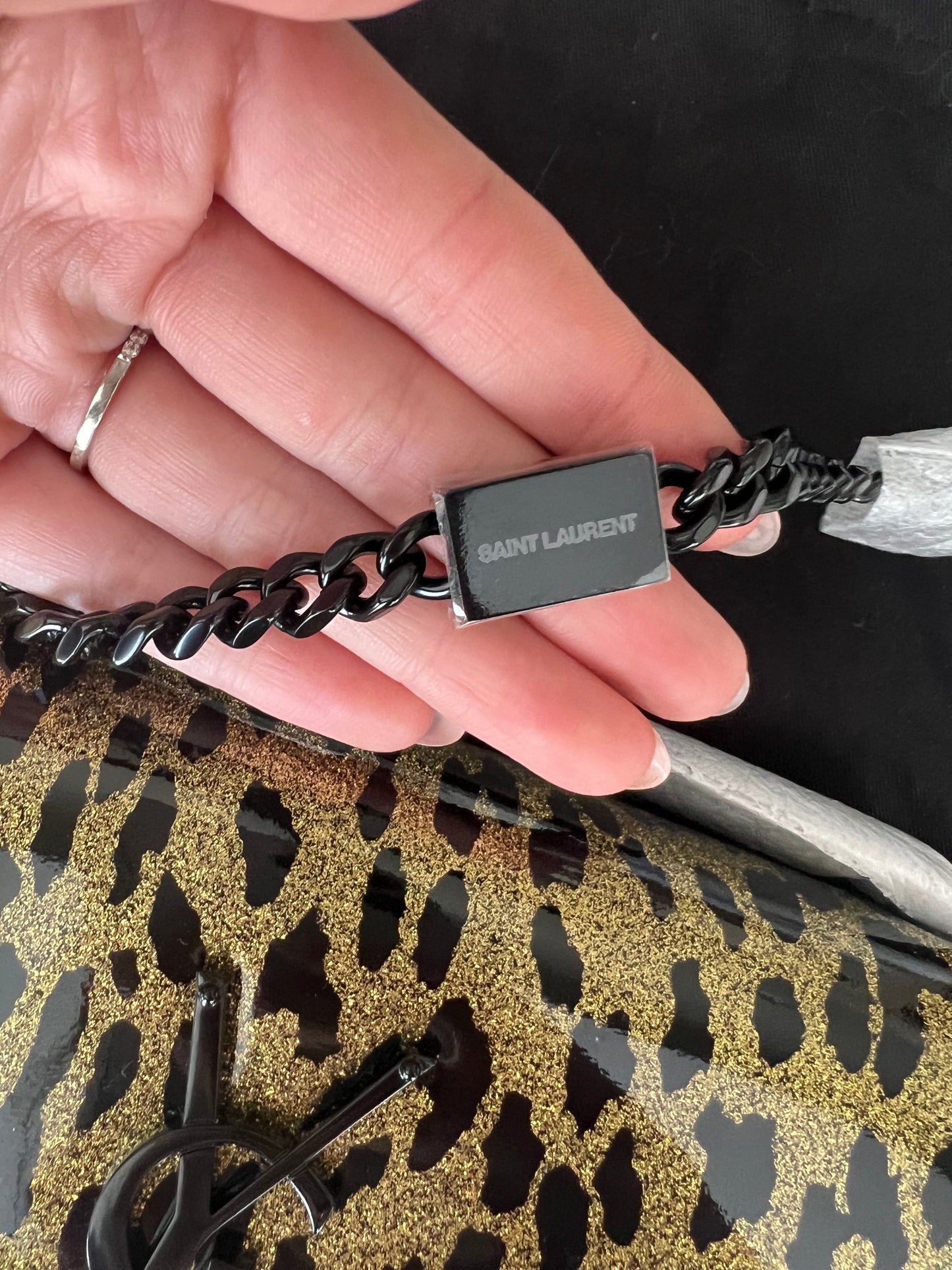Yves Saint Laurent Patent Glitter Leopard Small Classic Monogram Kate Chain Wallet
