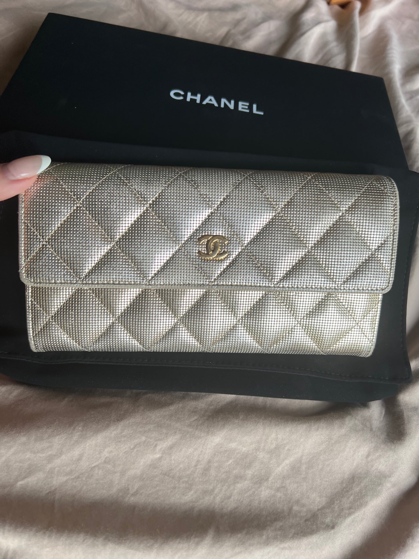 Chanel gold shimmer caviar pebble long wallet