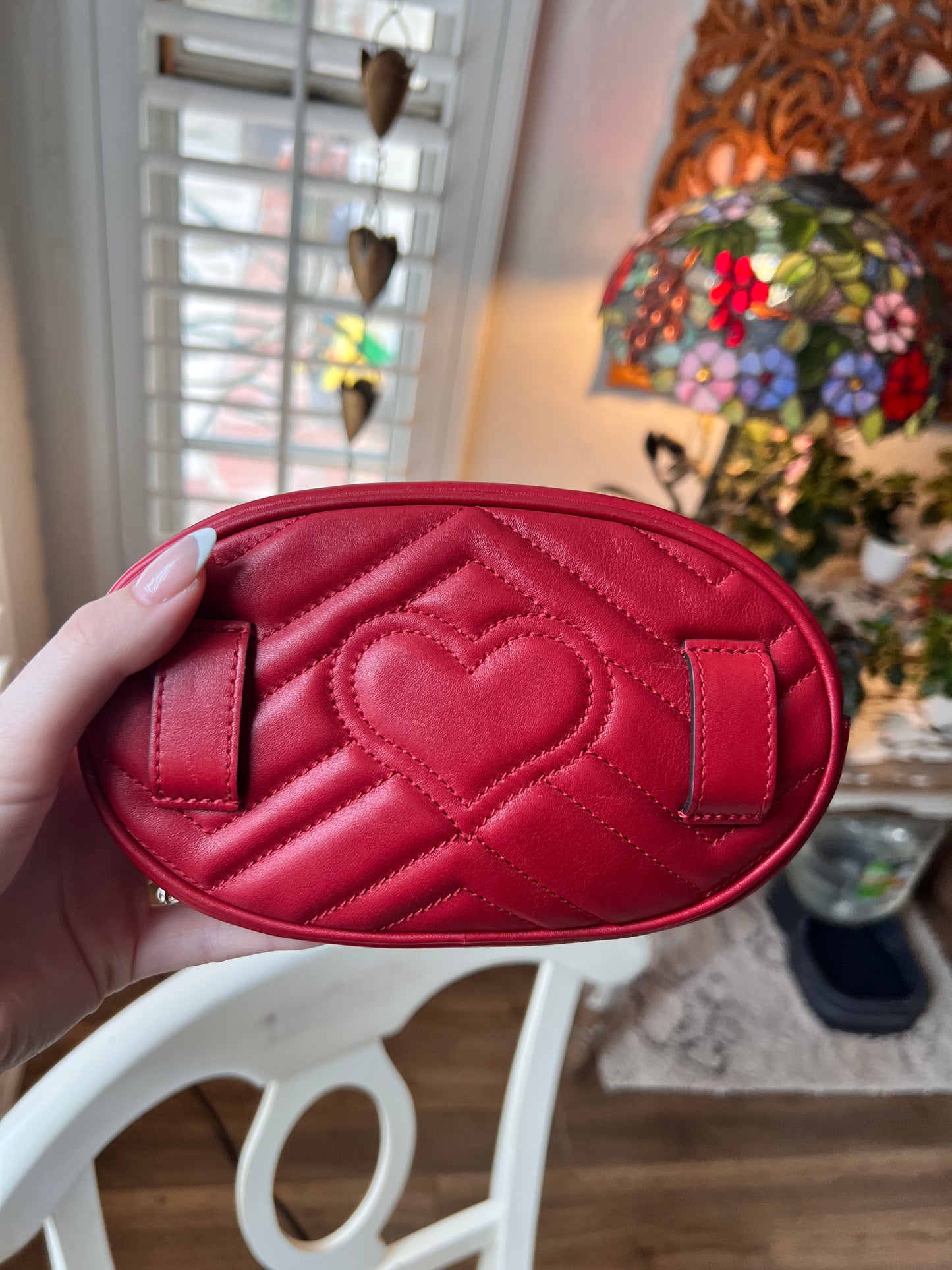 GUCCI Calfskin Matelasse GG Marmont Belt Bag size 65 or 26 in Hibiscus Red