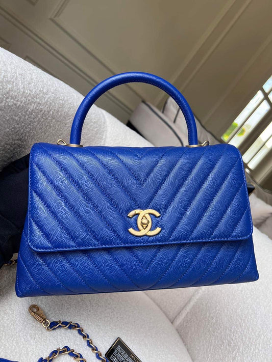 Chanel Coco handle 18A blue caviar chevron 2 way tote