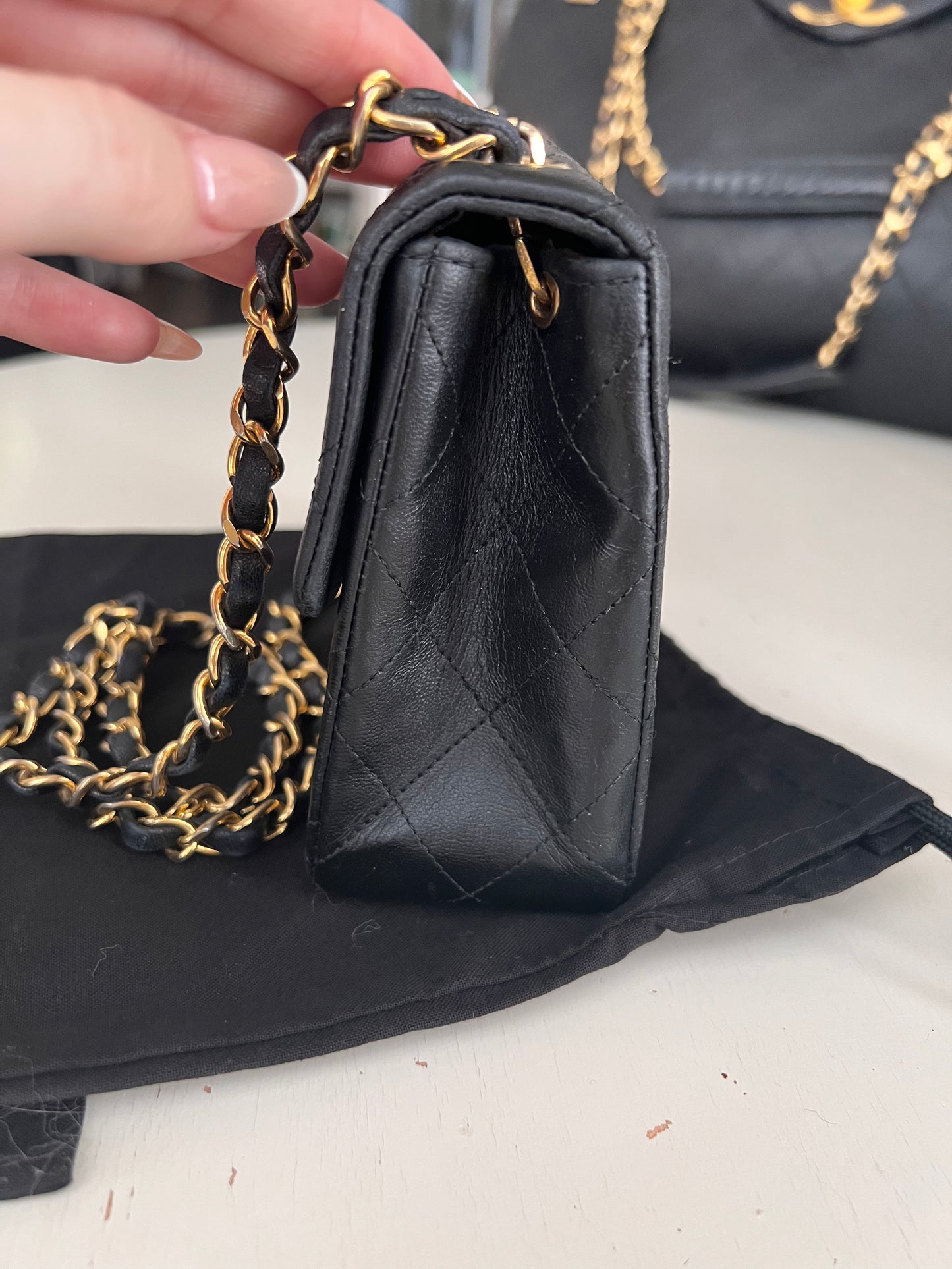 Chanel vintage mini square black lambskin 24k ghw