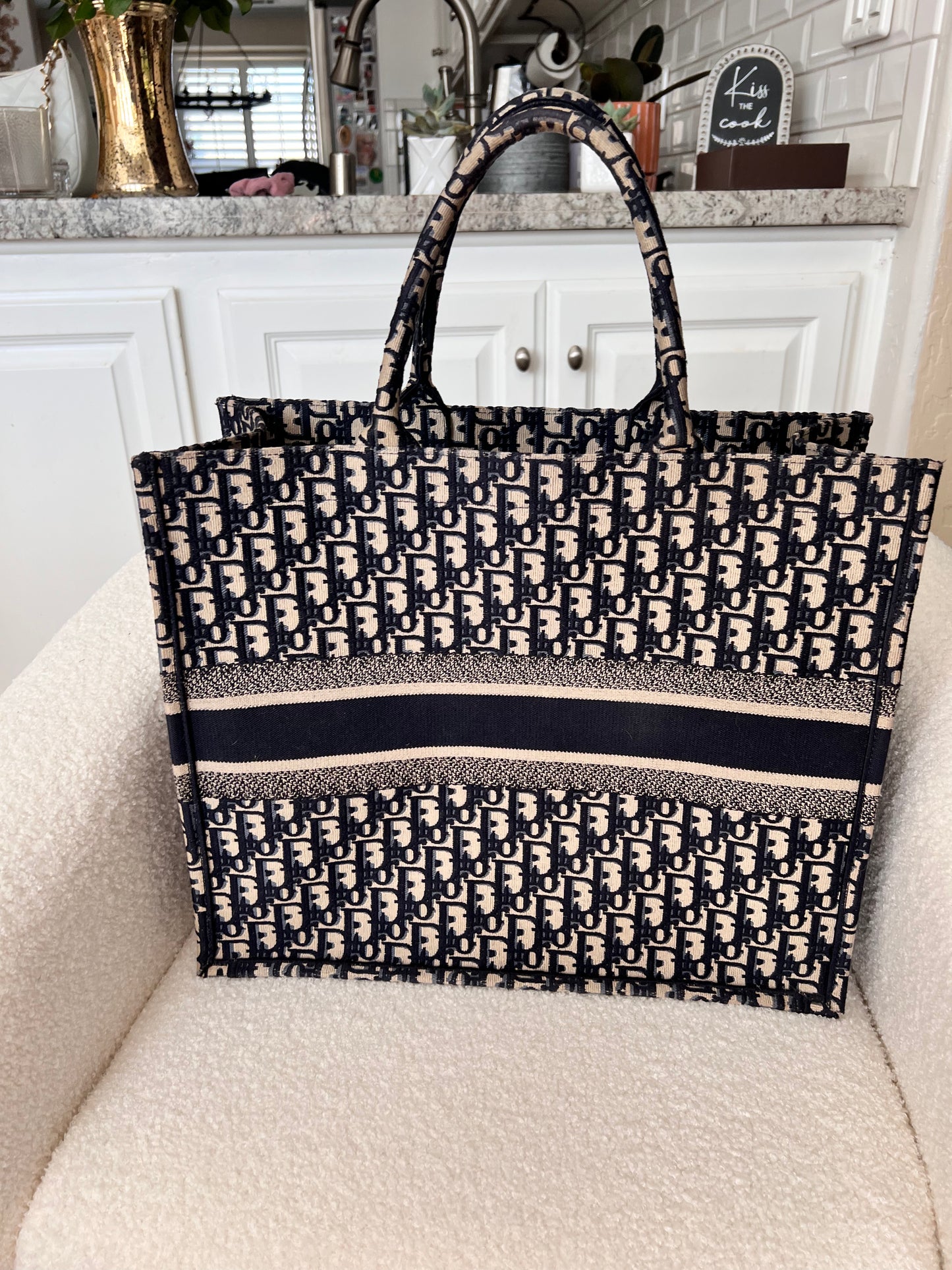 Dior large book tote navy oblique embroidered