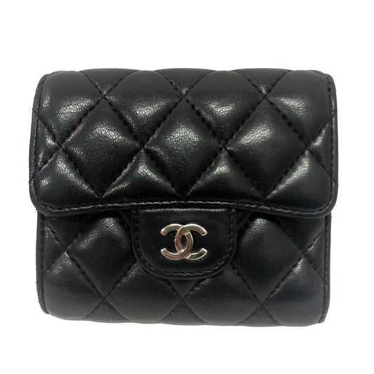 Chanel black lambskin compact trifold wallet
