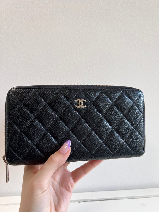 Chanel black caviar  long zippy wallet SHW