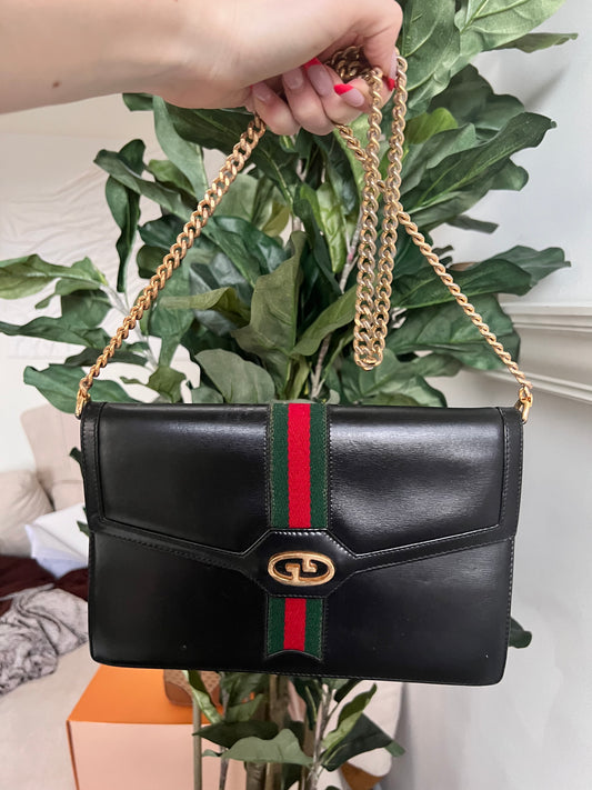 Rare vintage Gucci black leather, GG stripe chain shoulder bag