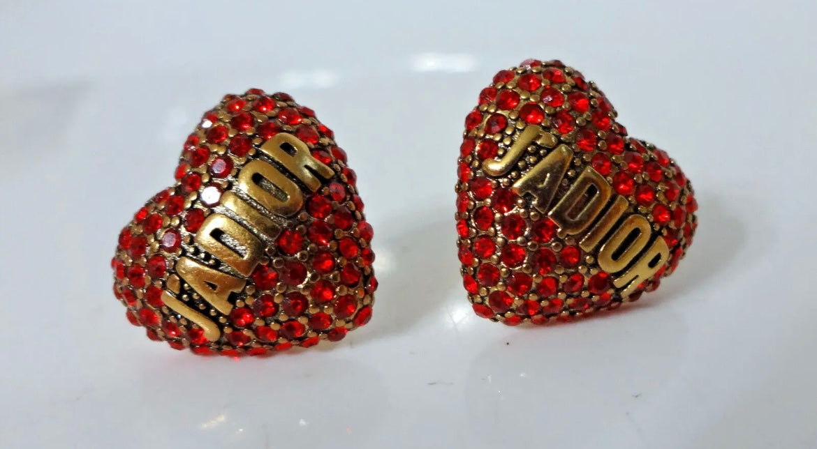 Christian Dior Heart Red Crystal Gold Stud Earrings w Box, Dust Bag