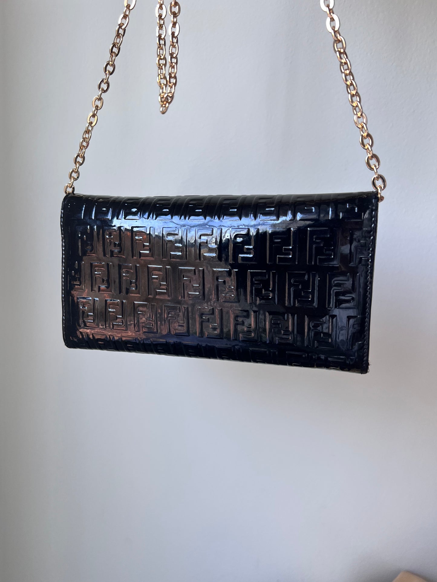 Fendi Zucchino black patent leather wallet on chain