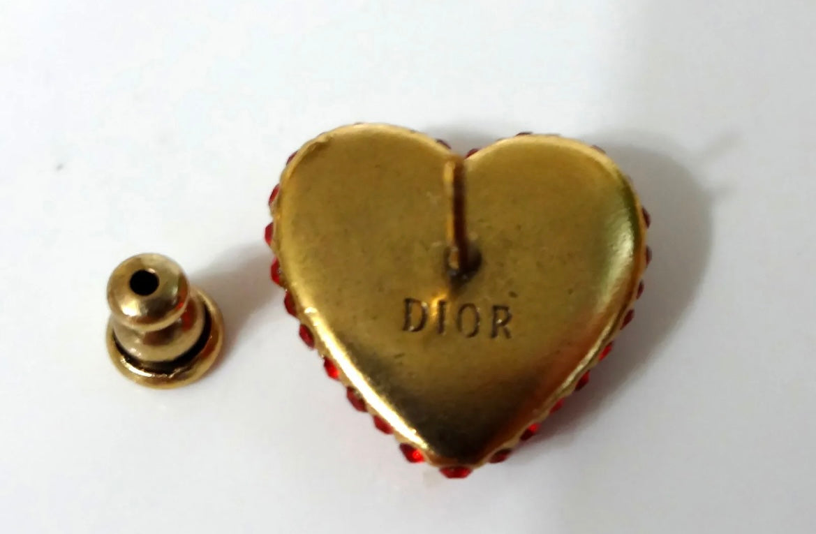 Christian Dior Heart Red Crystal Gold Stud Earrings w Box, Dust Bag