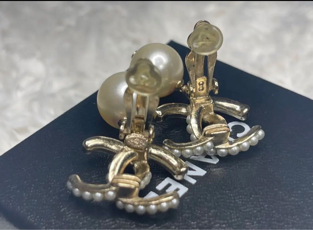 Chanel CC faux pearl drop clip on earrings